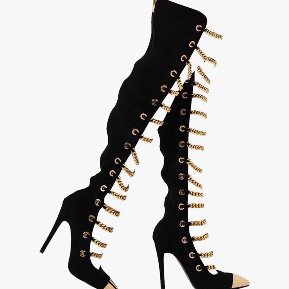 Onlymaker Women’s Pointed Toe Metal Chain High Heel Zip-Up Boots - Size 15
